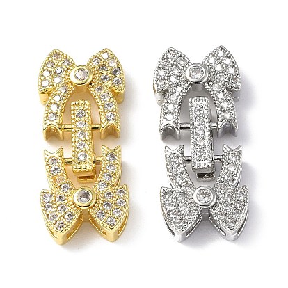 Rack Plating Brass Micro Pave Clear Cubic Zirconia Fold Over Clasps, Bowknot