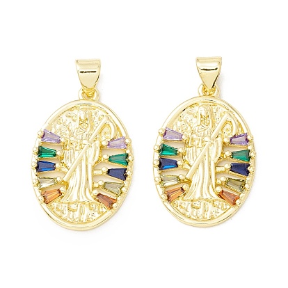 Rack Plating Brass Micro Pave Cubic Zirconia Pendants, Real 18K Gold Plated, Long-Lasting Plated, Oval with Death