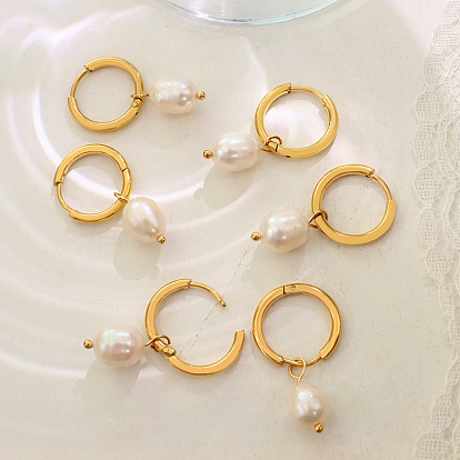 Vintage Autumn/Winter Pearl Hoop Earrings for Women - 18K Gold Plated Steel Jewelry F340