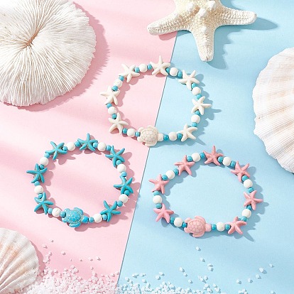 3 piezas 3 colores estrellas de mar y tortugas pulseras elásticas de cuentas de turquesa sintética para mujeres