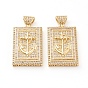 Brass Micro Pave Clear Cubic Zirconia Pendants, Long-Lasting Plated, Rectangle with Anchor