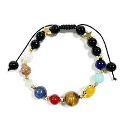 Round Natural Mixed Stone Braided Bead Bracelet, Star Brass Bead Bracelet, 7 Chakra Jewelry for Her