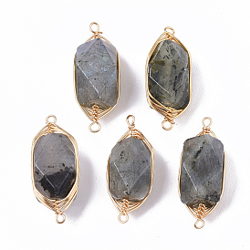 Natural Gemstone Links/Connectors, Brass Wire Wrapped Links, Faceted, Column, Golden