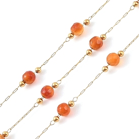 Natural Agate Link Chains, with Glass Seed Beaded and Ion Plating(IP)  Real 18K Gold Plated  316 Stainless Steel Chain, Soldered, with Spools