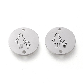 304 Stainless Steel Links Connectors, for Mother's Day, Laser Cut, Flat Round with Mother Holding Children Pattern