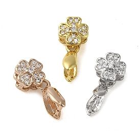Rack Plating Brass Micro Pave Clear Cubic Zirconia Ice Pick Pinch Bails, Long-Lasting Plated, Lead Free & Cadmium Free, Flower