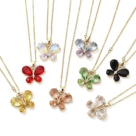 Butterfly Light Gold Brass Micro Pave Cubic Zirconia Pendant Necklaces, with Glass