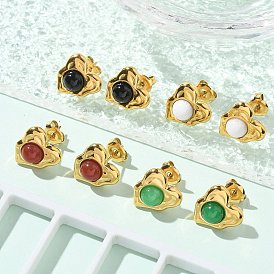 Натуральный драгоценный камень и ионное покрытие (IP) 304 серьги-гвоздики в форме сердца из нержавеющей стали