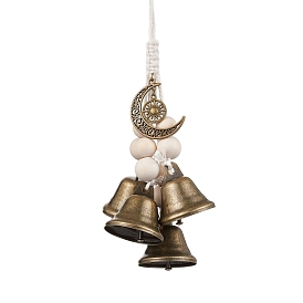 Iron Bell Pendant Decoration, Alloy Moon Sun & Wood Beads and Jute Cord for Home Door Hanging Ornaments