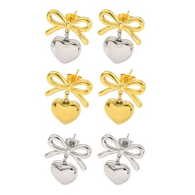 Bowknot 304 Stainless Steel Stud Earrings, Heart Dangle Earrings for Women