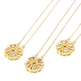 Brass Pave Cubic Zirconia Heart Clover Pendant Necklaces, Ion Plating(IP) Golden Tone 304 Stainless Steel Cable Chain Necklaces for Women