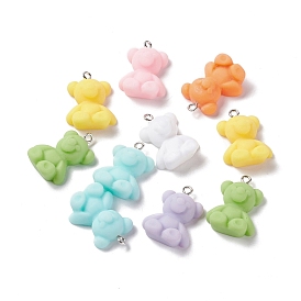 Opaque Resin Pendants, with Platinum Tone Iron Loops, Bear Charms