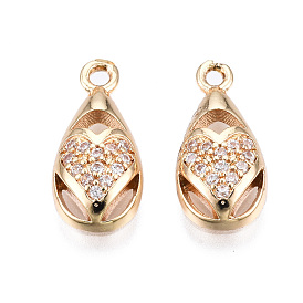 Brass Micro Pave Clear Cubic Zirconia Charms, Long-Lasting Plated, Cadmium Free & Lead Free, Teardrop with Heart