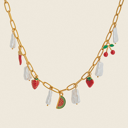 Океан 304 кулон из нержавеющей стали с эмалью, красной клубникой, арбузом и натуральным пресноводным жемчугом, цепочка-скрепка, нагрудник для женщин