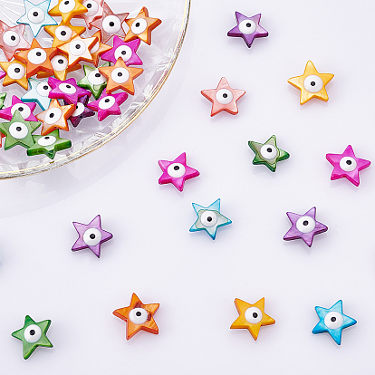 Nbeads 50Pcs Natural Freshwater Shell Beads, with Enamel, Double-Faced, Star with Evil Eye, Dyed