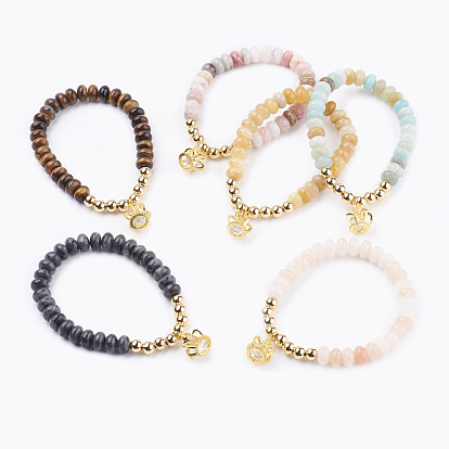 Natural Gemstone Beads Charm Bracelets, Stretch Bracelets, with Brass Findings, Crown, Golden