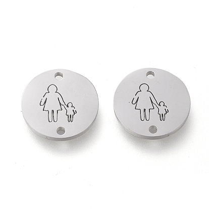304 Stainless Steel Links Connectors, for Mother's Day, Laser Cut, Flat Round with Mother Holding Children Pattern
