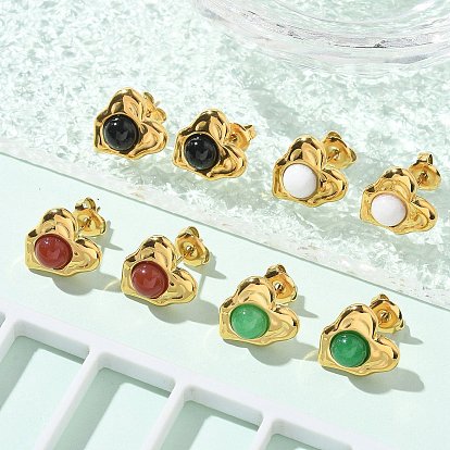 Натуральный драгоценный камень и ионное покрытие (IP) 304 серьги-гвоздики в форме сердца из нержавеющей стали