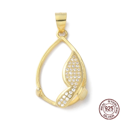 Rack Plating 925 Sterling Silver Micro Pave Clear Cubic Zirconia Pendants Cabochon Settings, Teardrop with Butterfly, with 925 Stamp