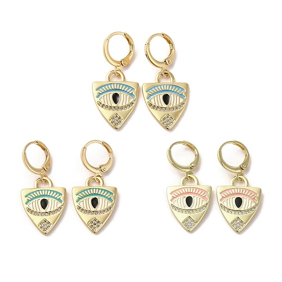 Boucles d'oreilles pendantes œil de cheval en laiton doré à fermoir à levier, avec de l'émail et de la zircone cubique