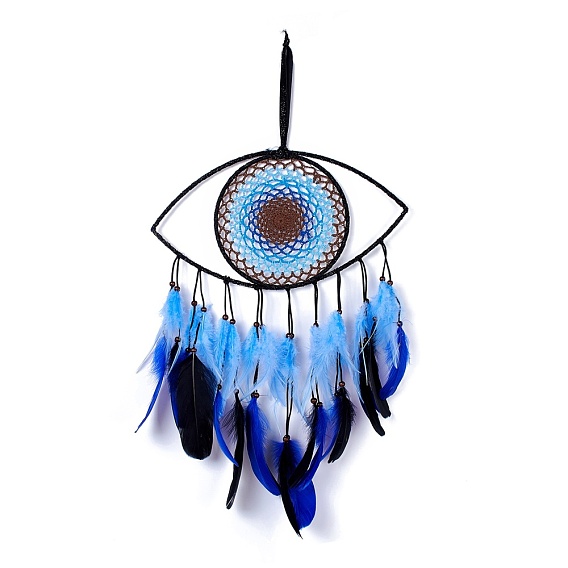Handmade Evil Eye Woven Net/Web with Feather Wall Hanging Decoration, with Beads, for Home Offices Amulet Ornament