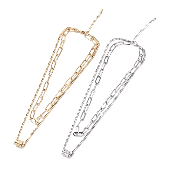 304 Stainless Steel Double Chains Multi Layered Necklace with Column Beaded for Women