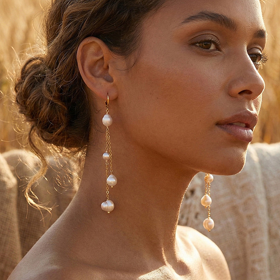 Самородки 304 серьги-кольца с кисточками из нержавеющей стали, с имитацией жемчуга