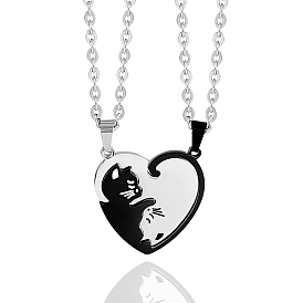 Two Tone Heart Puzzle Matching Necklaces Set, Cat Yin Yang Pendant Necklaces, Love Magnetic 316L Surgical Stainless Steel Necklaces for Women Men Lovers Gift