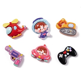 Playing Theme Opaque Resin Decoden Cabochons, Human/Spaceship/Toy Gun/Game Controller/Helicopter/Toy Excavator