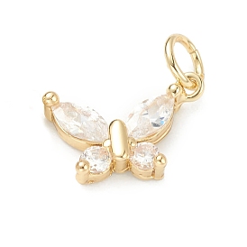 Brass Clear Cubic Zirconia Charms, Long-Lasting Plated, with Jump Ring, Butterfly