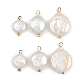 Подвески из натурального пресноводного жемчуга Кеши, плоские круглые прелести, с 304 петлями из нержавеющей стали, белые