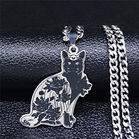 304 Stainless Steel Enamel Pendant Necklaces, Cat Shape