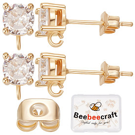 20 шт. латунные серьги-гвоздики, с прозрачным кубическим цирконием, вертикальными петлями и 20шт ушными гайками