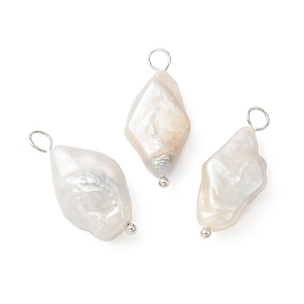 Natural Baroque Pearl Keshi Pearl Pendants, Rhombus Charms, with Brass Loops