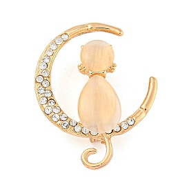 Cat Sitting in Crescent Moon Alloy Brooch, with Cat Eye and Rhinestones