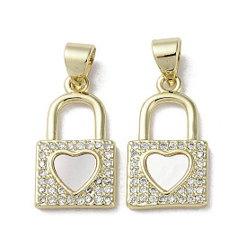 Brass Micro Pave Cubic Zirconia Pendants, with Shell, Lock with Heart Pattern