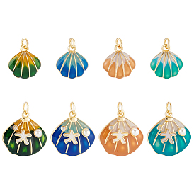 8 шт 8 стили латунные эмалевые подвески, формы раковины, долговечный, без свинца и без кадмия, реальный 18 k позолоченный