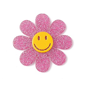 Acrylic Pendants, with Sequins, Flower with Smiling Face Charm