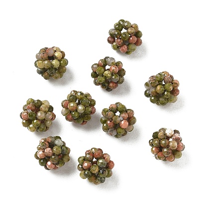 Natural Unakite Woven Beads, Cluster Beads, Faceted, Round