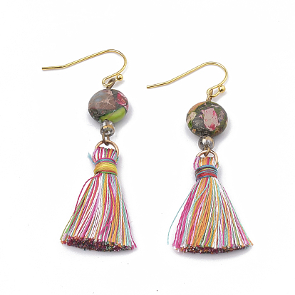 Nylon Tassels Dangle Earrings, with Regalite/Imperial Jasper/Sea Sediment Jasper and Iron Findings