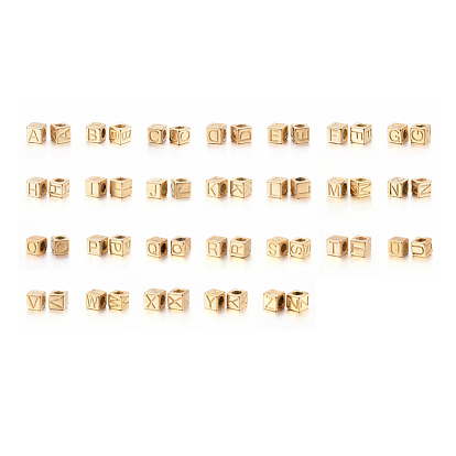 304 Stainless Steel Large Hole Letter European Beads, Horizontal Hole, Cube, Alphabet A~Z, Golden