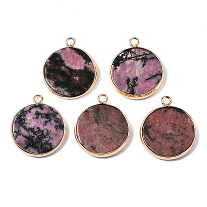 Природные и синтетические Gemstone подвески, с позолоченным латунным краем и петлей, плоско-круглые