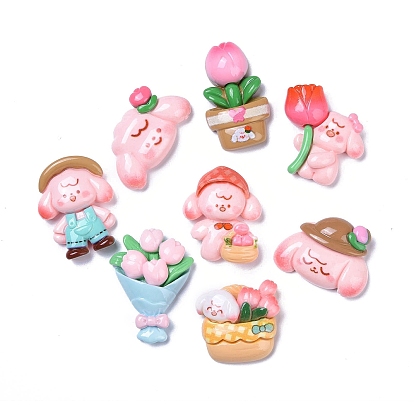 Opaque Cute Resin Decoden Cabochons, Flower & Dog, Mixed Shapes