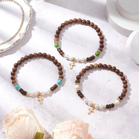 3шт. 3 цвета 304 браслеты с подвесками в виде креста из нержавеющей стали, Браслеты из натуральных деревянных бусин, а также синтетических и натуральных драгоценных камней для женщин, с оболочкой жемчуг