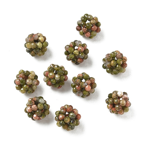 Natural Unakite Woven Beads, Cluster Beads, Faceted, Round