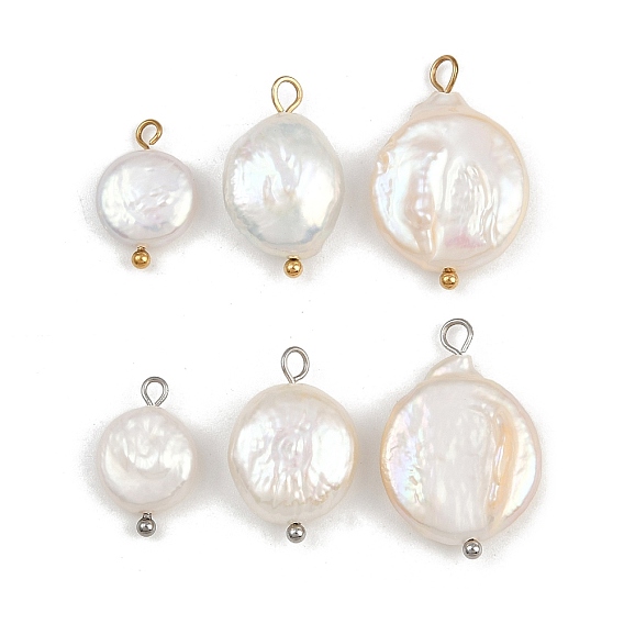 Подвески из натурального пресноводного жемчуга Кеши, плоские круглые прелести, с 304 петлями из нержавеющей стали, белые