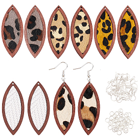 Olycraft 10Pcs 5 Style Eco-Friendly Cowhide Leather Big Pendants, with Dyed Wood, Horse Eye, with Iron Open Jump Rings & Earring Hooks