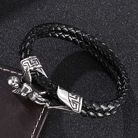 Genuine Leather Wrap Wide Cord Bracelet with Stainless Steel Toggle Clasps, Reto Cuff Wristband Arm Guard for Men Women