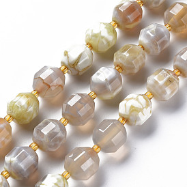 Natural Fire Crackle Agate Beads Strands, Dyed, Faceted, with Seed Beads, Double Terminated Point Prism Beads, Bicone