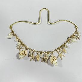 Acrylic Pearl & Natural Spiral Shell & Alloy Pendant Decorations, with Iron Cable Chains & Aluminum Wire, Shell Shape & Starfish